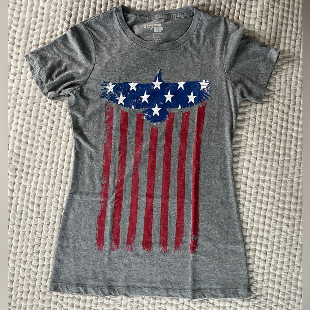 Ranger Up Eagle American Flag Graphic Tee | Gray Patriotic Shirt | Size S